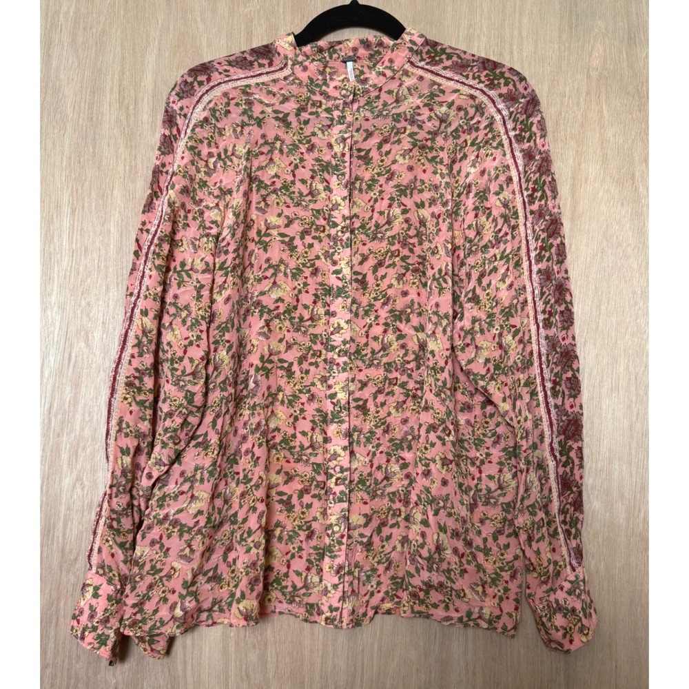 Free People Skyway Drive-In Soft Pink Floral Snap Button Down Blouse Small